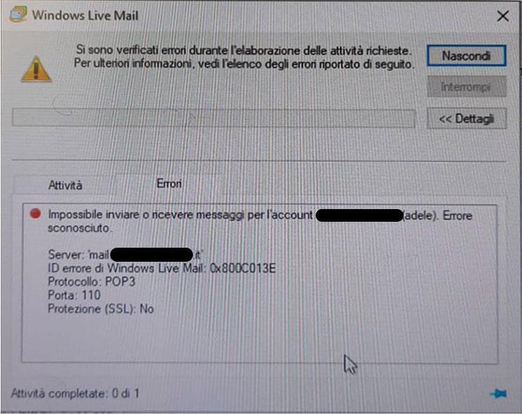 Windows Live Mail 2012 errore 0x800C013E su Windows 10 2004