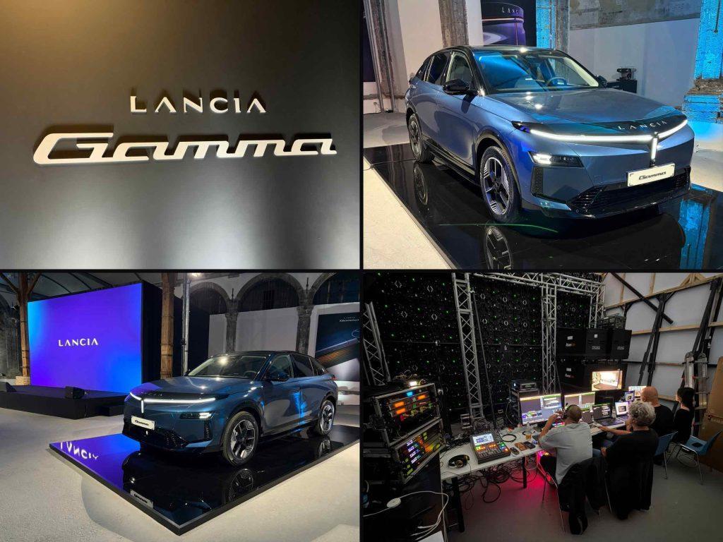Presentazione nazionale nuova Lancia Gamma al Made in Cloister di Napoli: vettura su pedana, ledwall, chiostro illuminato di blu e regia audio video di Luce Creativa